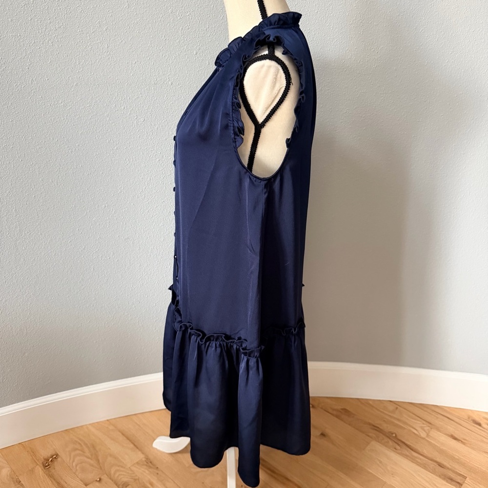 Halogen Ruffle Trim Button Down Satin Dress Classic Navy Blue Size Medium - Picture 4 of 13